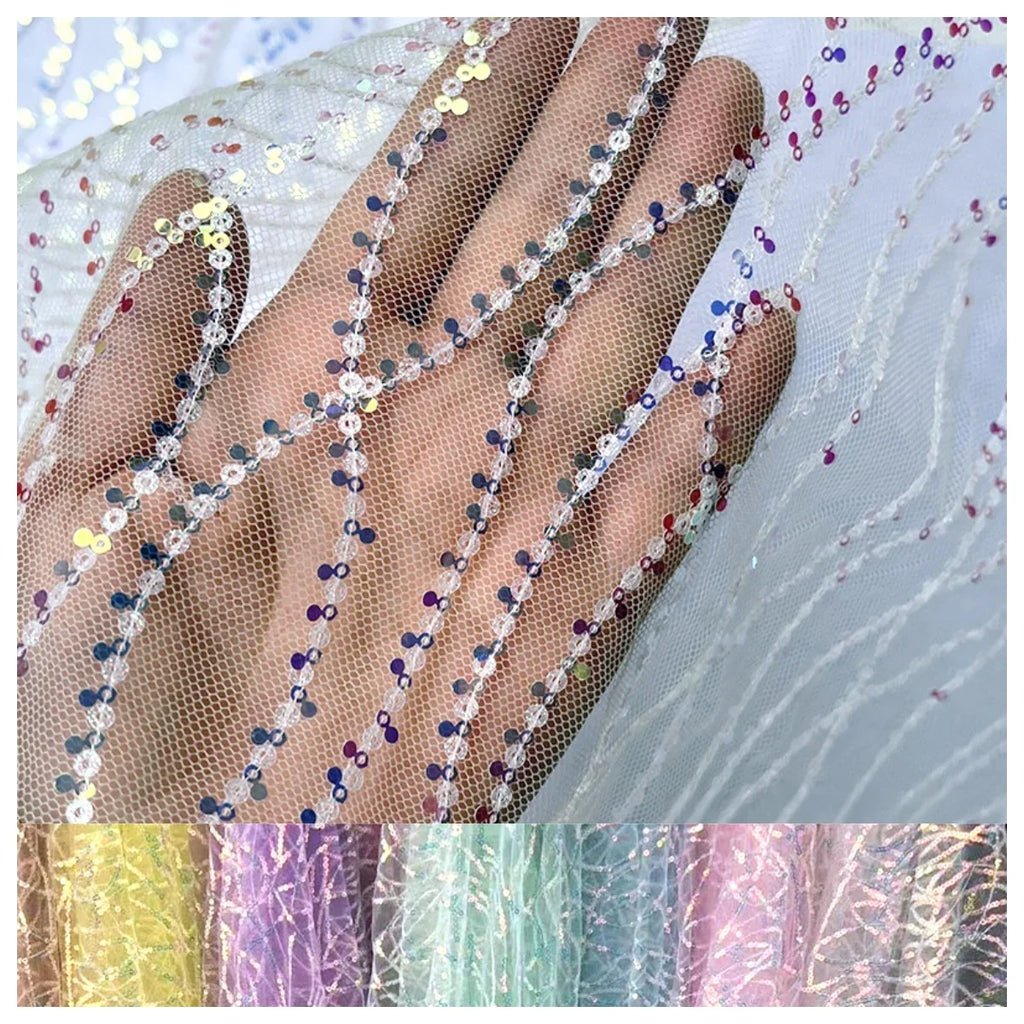 Luxury Sequin Embroidered Lace Mesh Fabric - Glittery Overlay Material