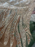 Champagne Colored Hot Pressed Gold Shiny Leaf Shaped Wedding Dress Fabric With Rhinestone Light Coffee Lace Mesh