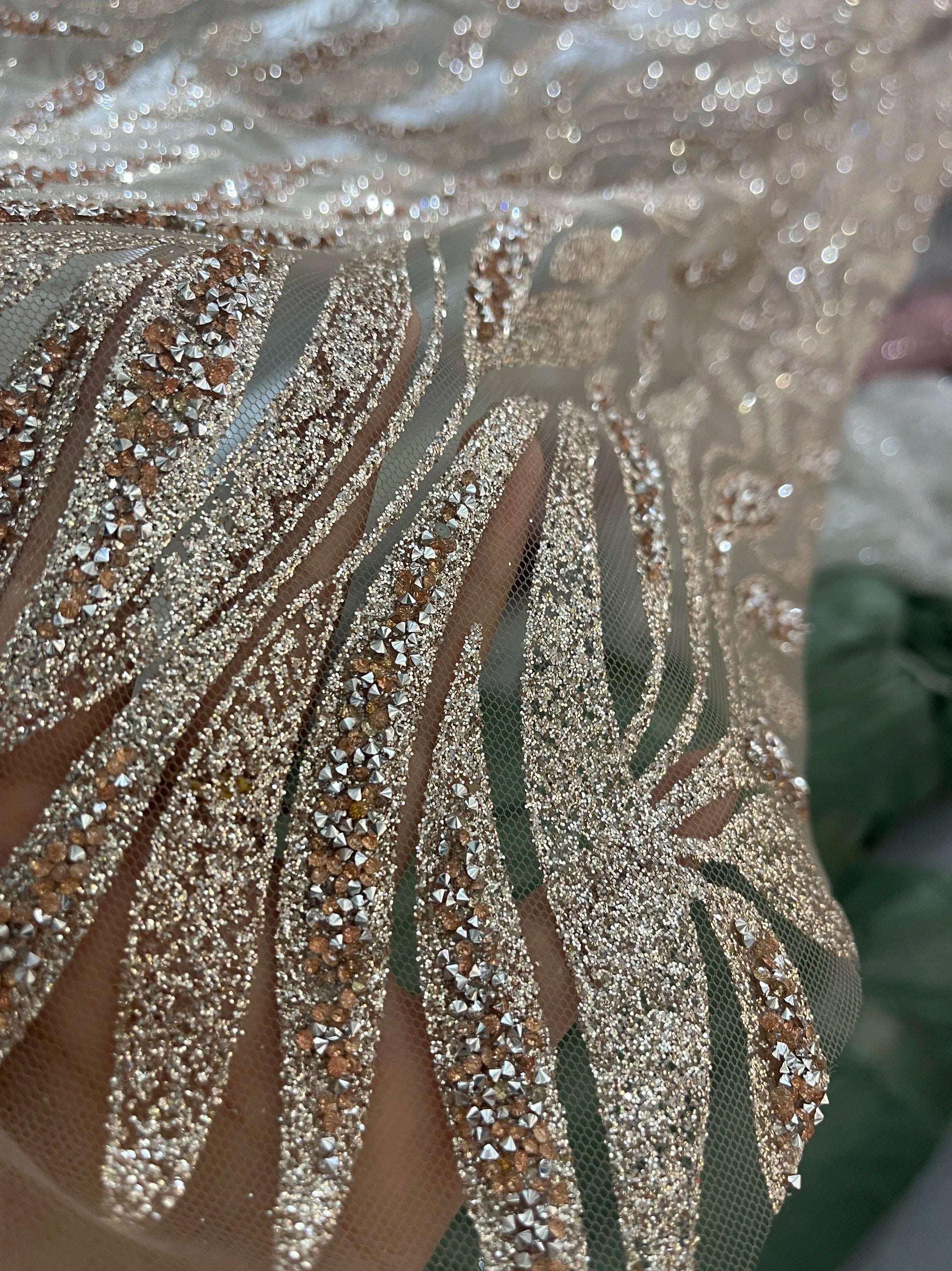 Champagne Colored Hot Pressed Gold Shiny Leaf Shaped Wedding Dress Fabric With Rhinestone Light Coffee Lace Mesh