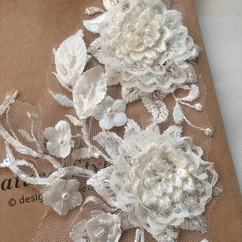 3D Flower Bead Lace Patch Pair - Luxury for Wedding Dress & Headdress