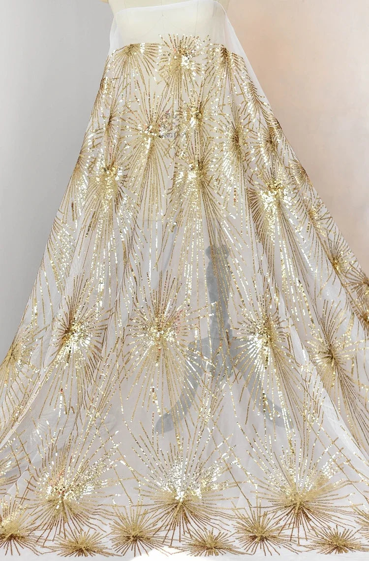 White Embroidered Gold Sequin Lace Fabric for Wedding Dresses Clothing Home Decoration Handmade Accessories