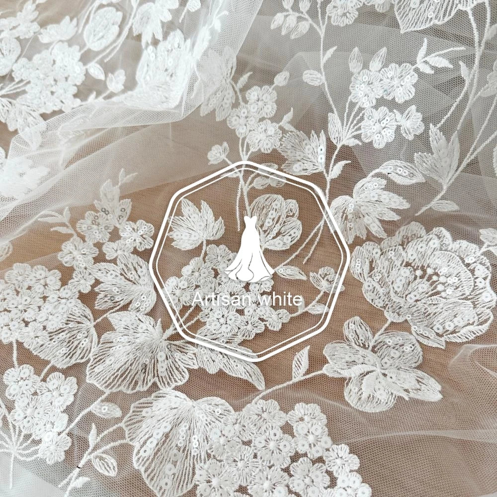 قماش دانتيل مطرز بخيوط قطنية من الترتر البيج مخصص، إكسسوارات دانتيل شبكية، فستان حجاب زفاف، اصنعها بنفسك