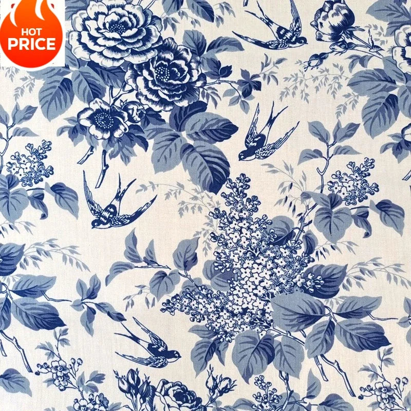 قميص بأكمام قصيرة من قماش قطني مطبوع عليه زهور الفاوانيا، أزرق وأبيض، بنمط غسيل حبر، مناسب للأمتعة والحقائب