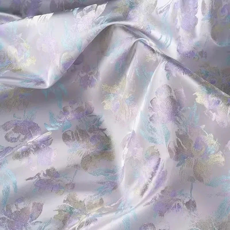 Blue Purple Tulip Flower Woven Brocade Jacquard Fabric New Chinese Style Sewing Vest Qipao Jacket Designer Fabric