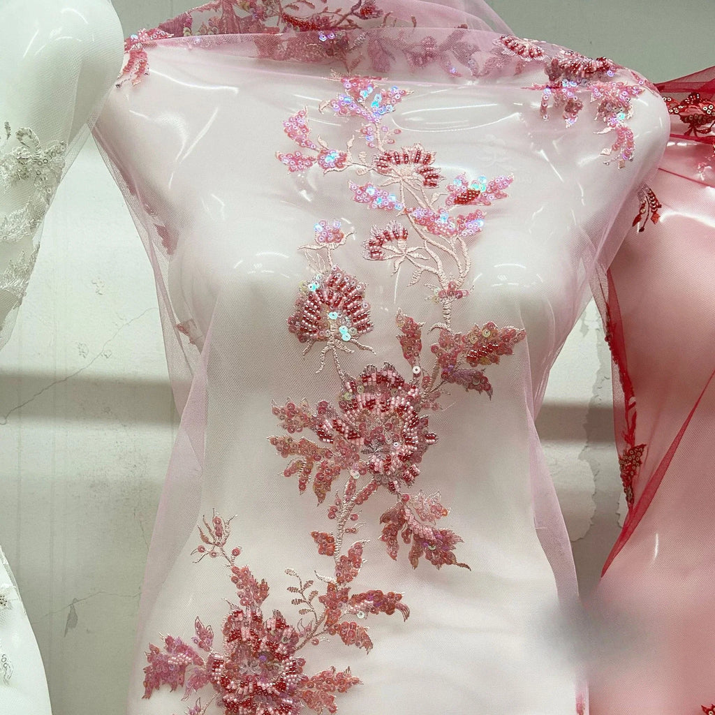 New Sequined Rose Bead Tube Embroidery Fabric, High-end Heavy Industry Multi-color Wedding Dress Bead Mesh Fabric Stoff Tessuto