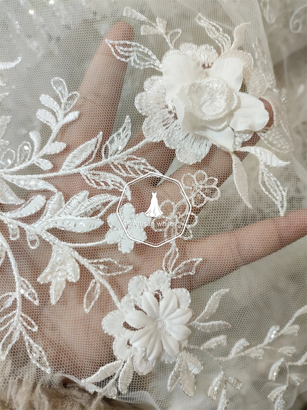 Tela de encaje con lentejuelas y flores tridimensionales 3D, hecha a mano, para vestido de novia, falda, accesorios de bricolaje hechos a mano
