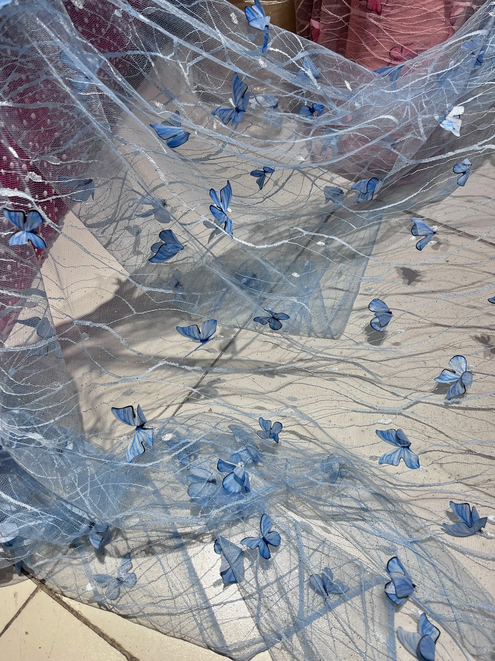 قماش شبكي مطرز ثلاثي الأبعاد بنقوش الفراشات لفساتين الزفاف، قماش زخرفي للخلفية للملابس الرسمية