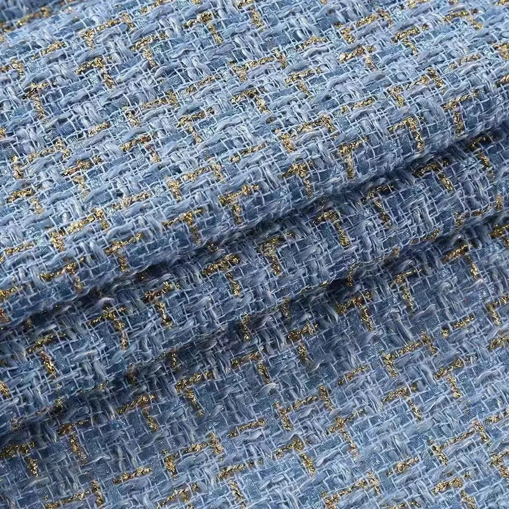 Tejido grueso de estilo pequeño con fragancia, rejilla de alambre dorado, tejido moderno de tweed elástico, tejido artesanal para ropa de mujer.