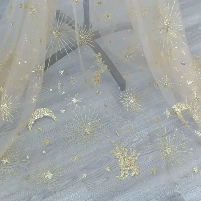 Golden Seahorse Moon Embroidery Mesh Fabric - Hot Fix Powder Material 130cm