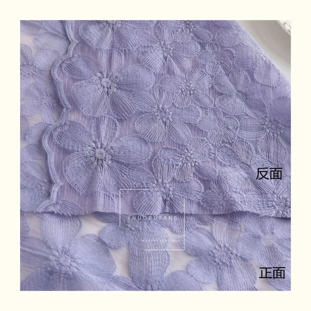 Pure Cotton Mesh Embroidered Fabric with Violet Chrysanthemum Design for Kids Dress Soft Cotton Yarn Material DIY Sewing Craft