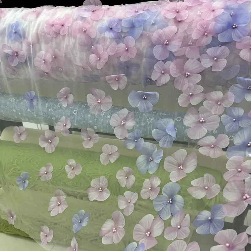 Dreamy Gradient 3D Floral Pearl Mesh Fabric Colorful Embroidered Tulle Soft Sheer Material For Bridal Dress Stage Decoration DIY