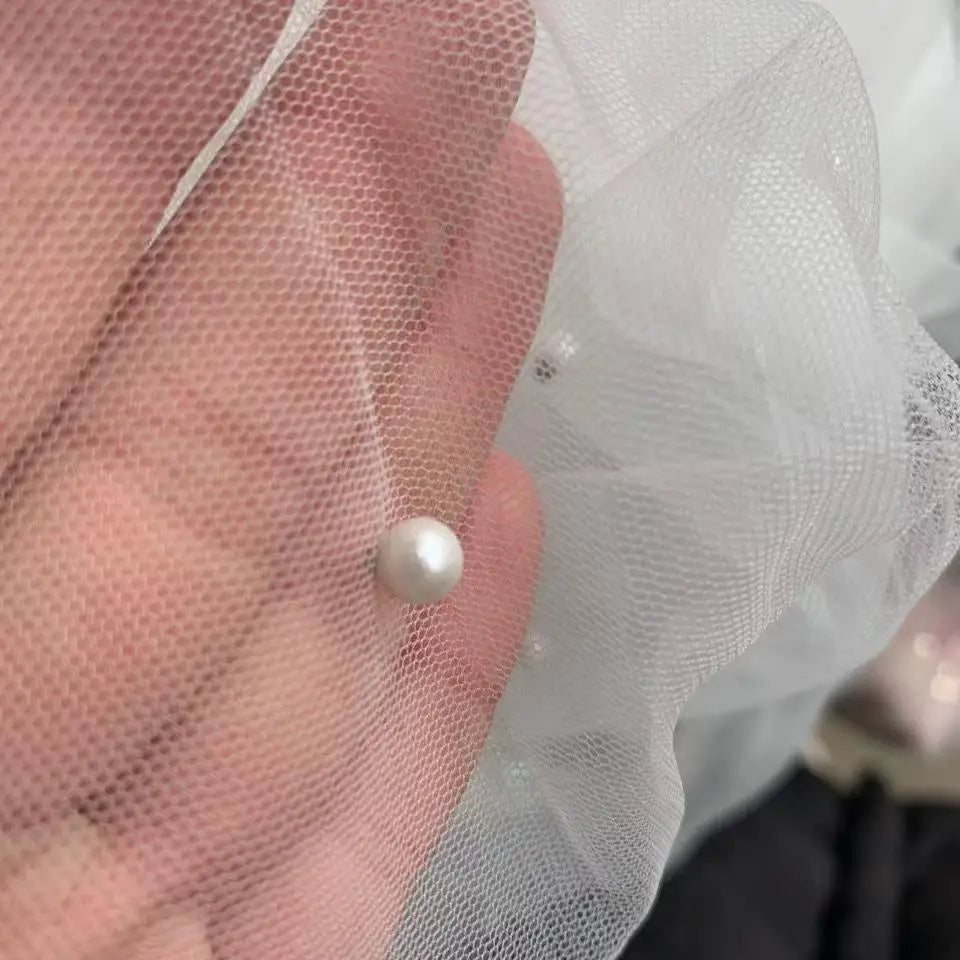 Tela de tul de malla con perlas grandes y pequeñas, color blanco roto, de 300 cm de ancho, para velo de novia de lujo, material de costura para decoración.