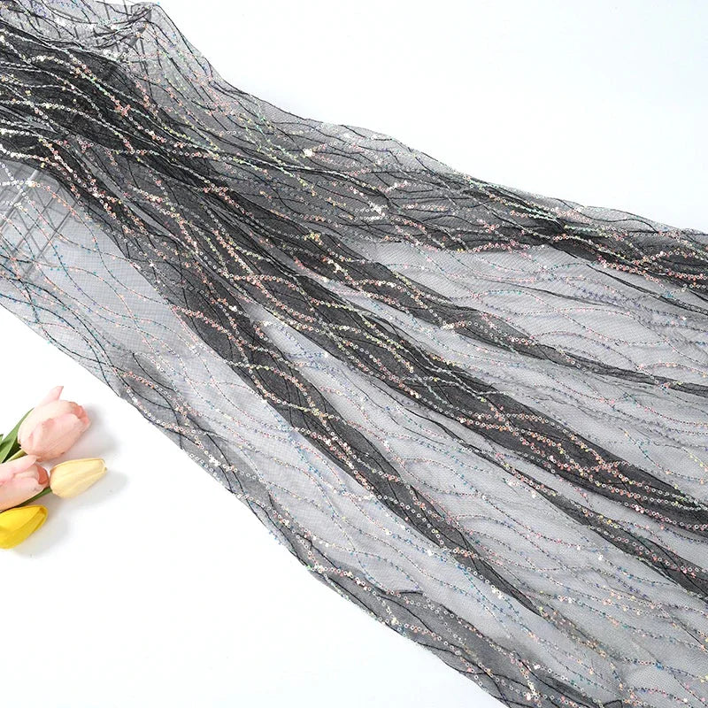 Luxury Sequin Embroidered Lace Mesh Fabric - Glittery Overlay Material