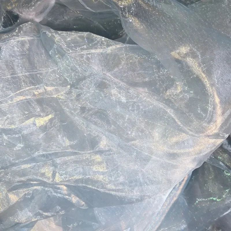 Mermaid Like Transparent Blue And Gold Full Plate Hot Stamping Fine Thread Organza Fabric Is Used For Handmade Of Party Costumes