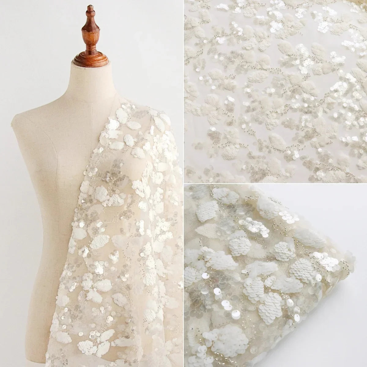 Tela de malla blanca con bordado de cuentas, tela de encaje con bordado de lentejuelas, tela de costura para decoración de cheongsam, tela personalizada