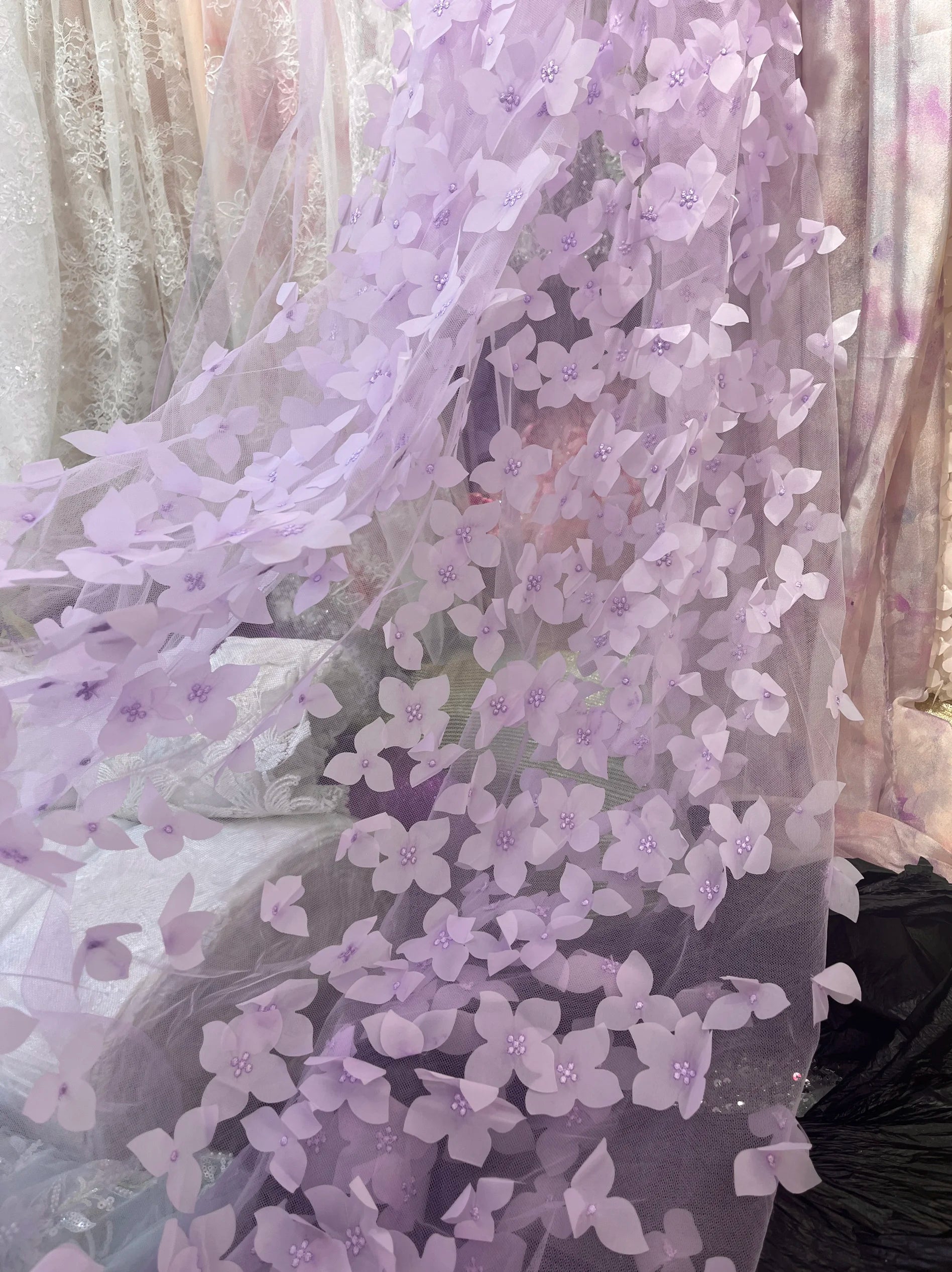 قماش شبكي مطرز ثلاثي الأبعاد بنقوش الفراشات لفساتين الزفاف، قماش زخرفي للخلفية للملابس الرسمية