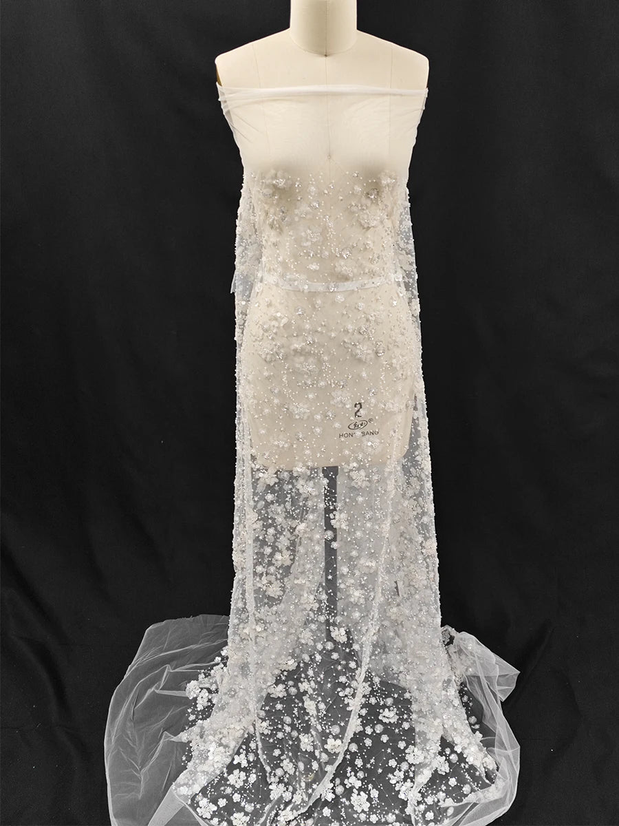 New 3D three-dimensional flower nail bead sequin embroidery fabric sewing wedding dress bridesmaid dress lace fabric