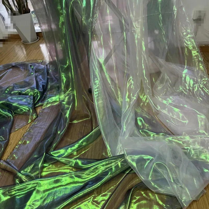 Unique Mermaid Iridescent Gradient Tulle Fabric in Pink Blue Rainbow Sheer Shimmer Textile Bridal Wedding Dress Decoration