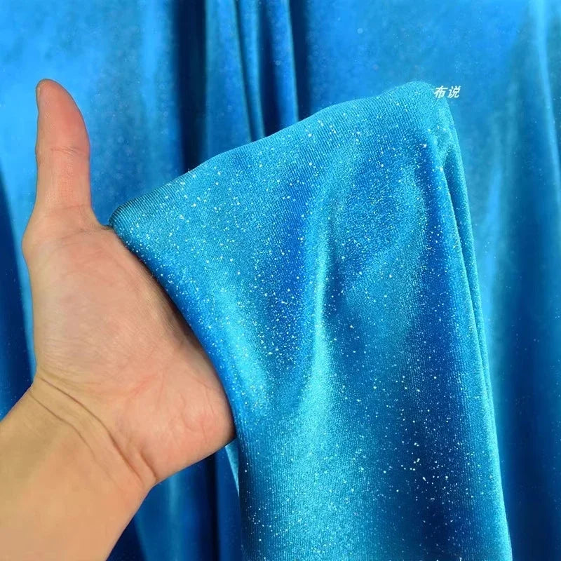 Lake Blue Four Sided Elastic Sparkling Gold Velvet Fabric - Luxurious Material 150cm