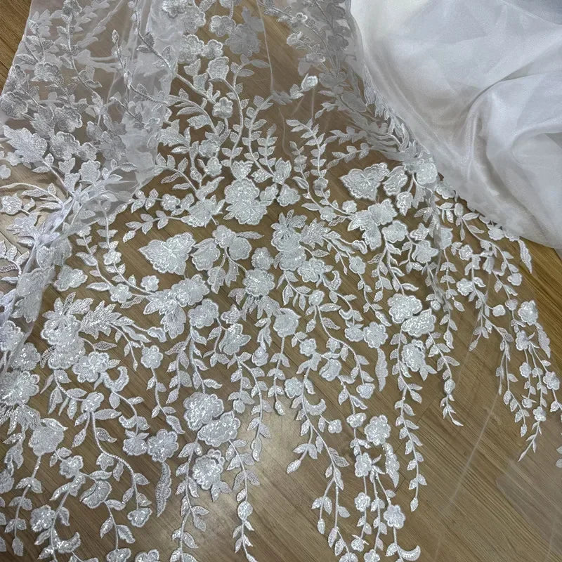 New Lace Transparent Mesh Fabric Embroidery Flower Sequins Tree Leaves Sewing Wedding Dress Evening Gown Lace Fabric