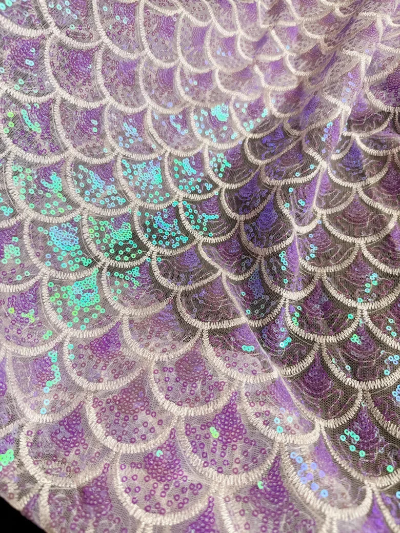 Iridescent Mermaid Sequin Embroidery Mesh Fabric Holographic Fish Scale Sheer Textile For Fantasy Dress Stage Costume DIY