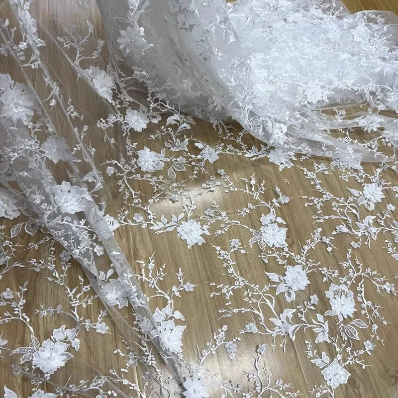 فستان زفاف من نسيج دانتيل شبكي شفاف رقيق مع تطريز زهرة اللؤلؤ، تصميم إبداعي لملابس المسرح