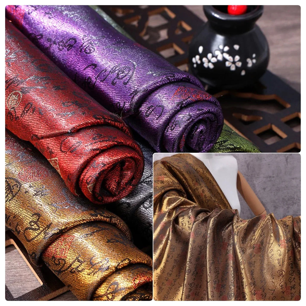Premium Brocade Satin Fabric - Embroidered Calligraphy Design Material