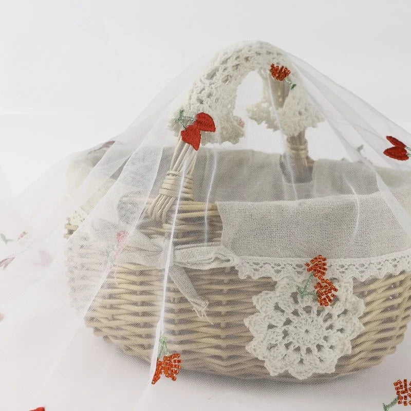 Tulle cherry-patterned beaded tube embroidered mesh fabric sewing children's clothing hair accessories and curtain fabric