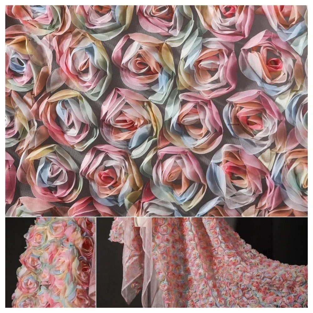 Tela de encaje de malla rosa con flores rosas 3D, semitransparente, bordada para confección creativa, para bodas, moda y manualidades.