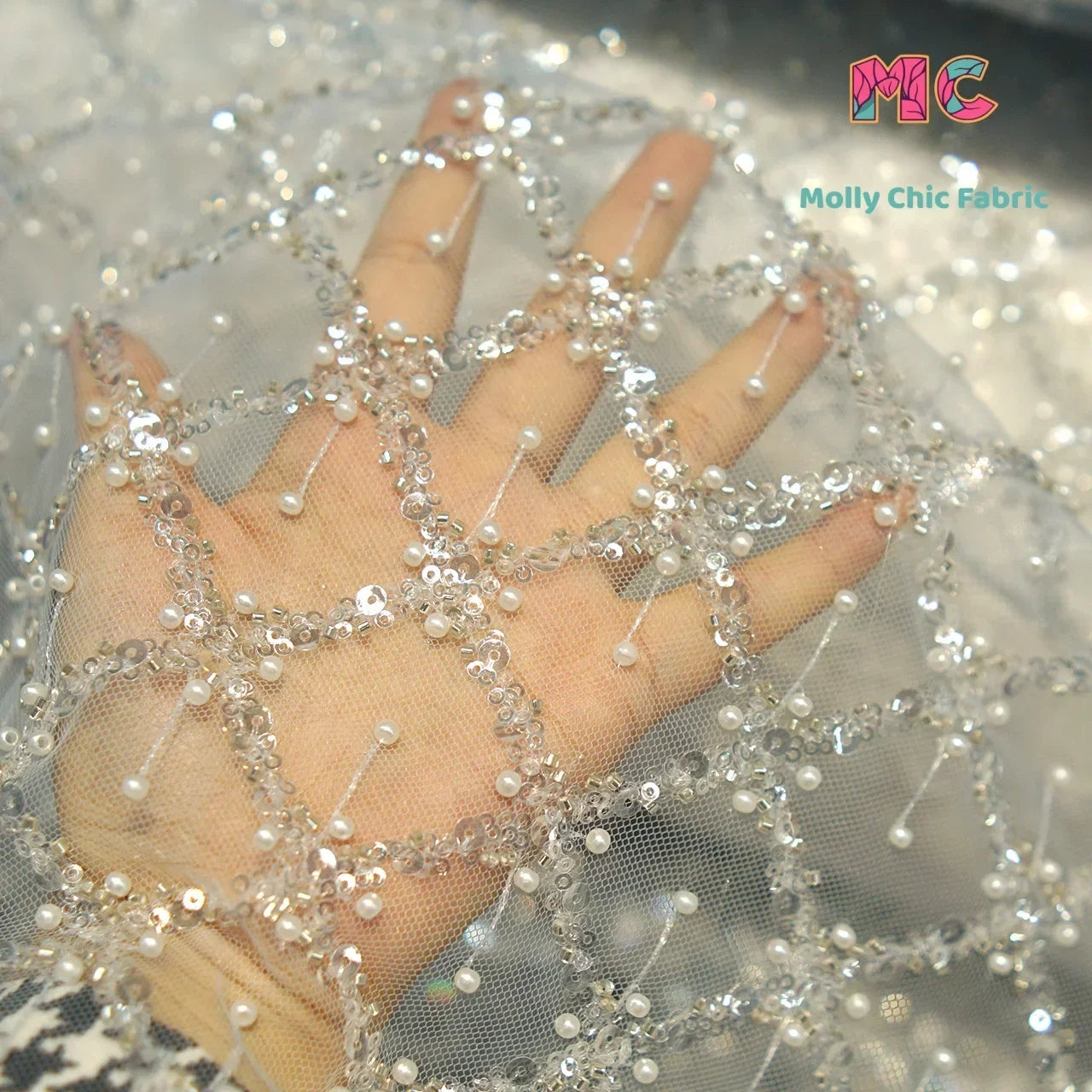 New Crystal Sequins Small Pearls Embroidered Lace Fabric Sewn Wedding Dresses Evening Gowns DIY Fabrics For Sewing