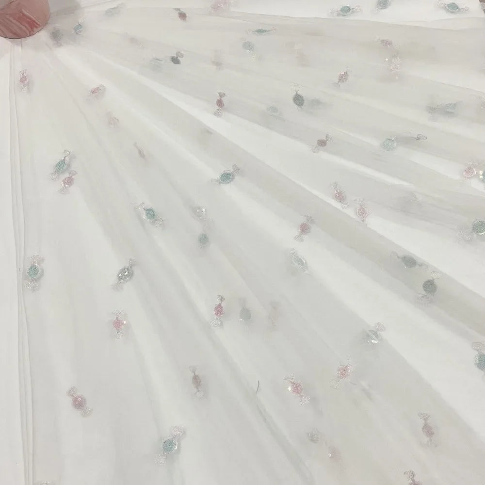 Tela ligera y suave con bordado de cuentas, ropa infantil con dulces frescos y coloridos, accesorios para el cabello, tela de malla de encaje para faldas.