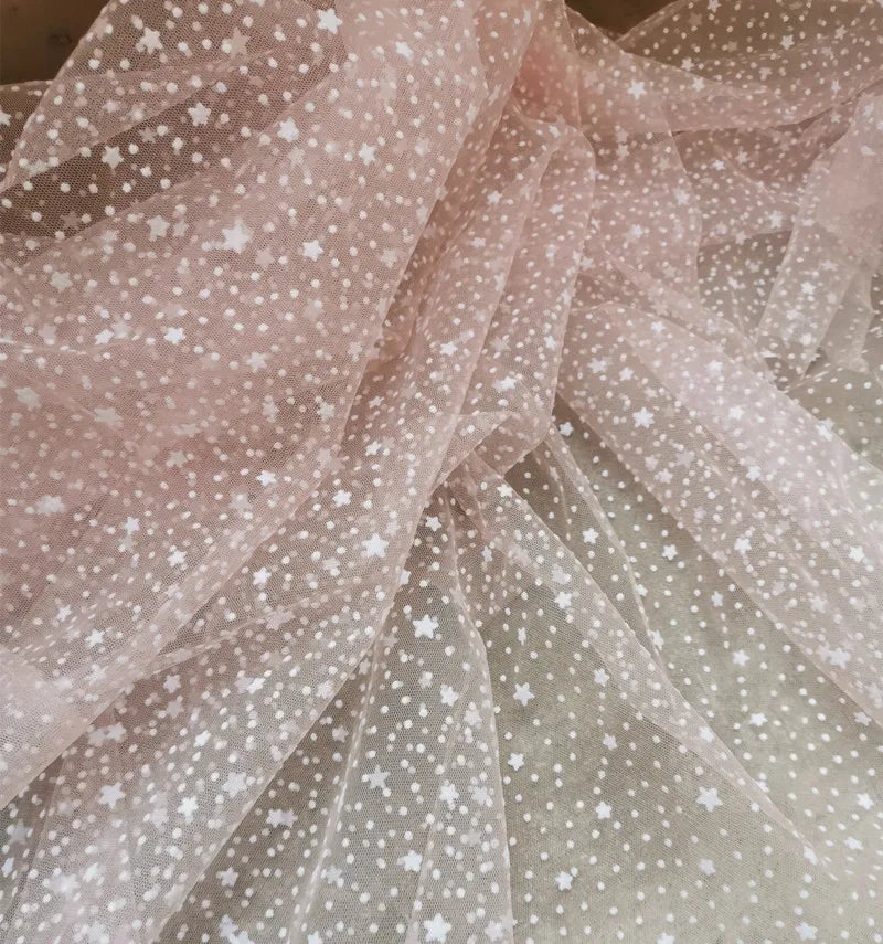 Plucked white meat powder with stars all over the sky pentagrams polka dots soft mesh wedding dress headscarf fashion diy fabric