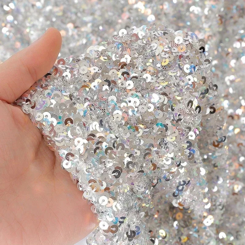Shiny Encryption 5MM Elastic Mesh Sequin Embroidery Bead Fabric DIY High-end Evening Dress Stage Costume Designer Fabric