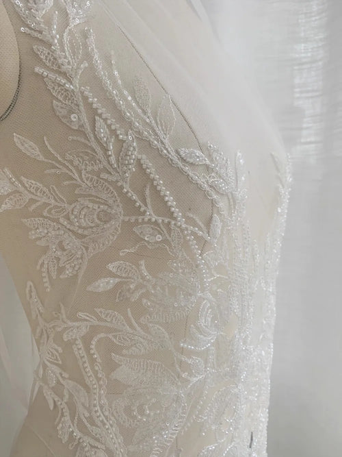 Beaded Leaf Flower Lace Applique - Elegant for Wedding Dress Bodice - fabric photo 2