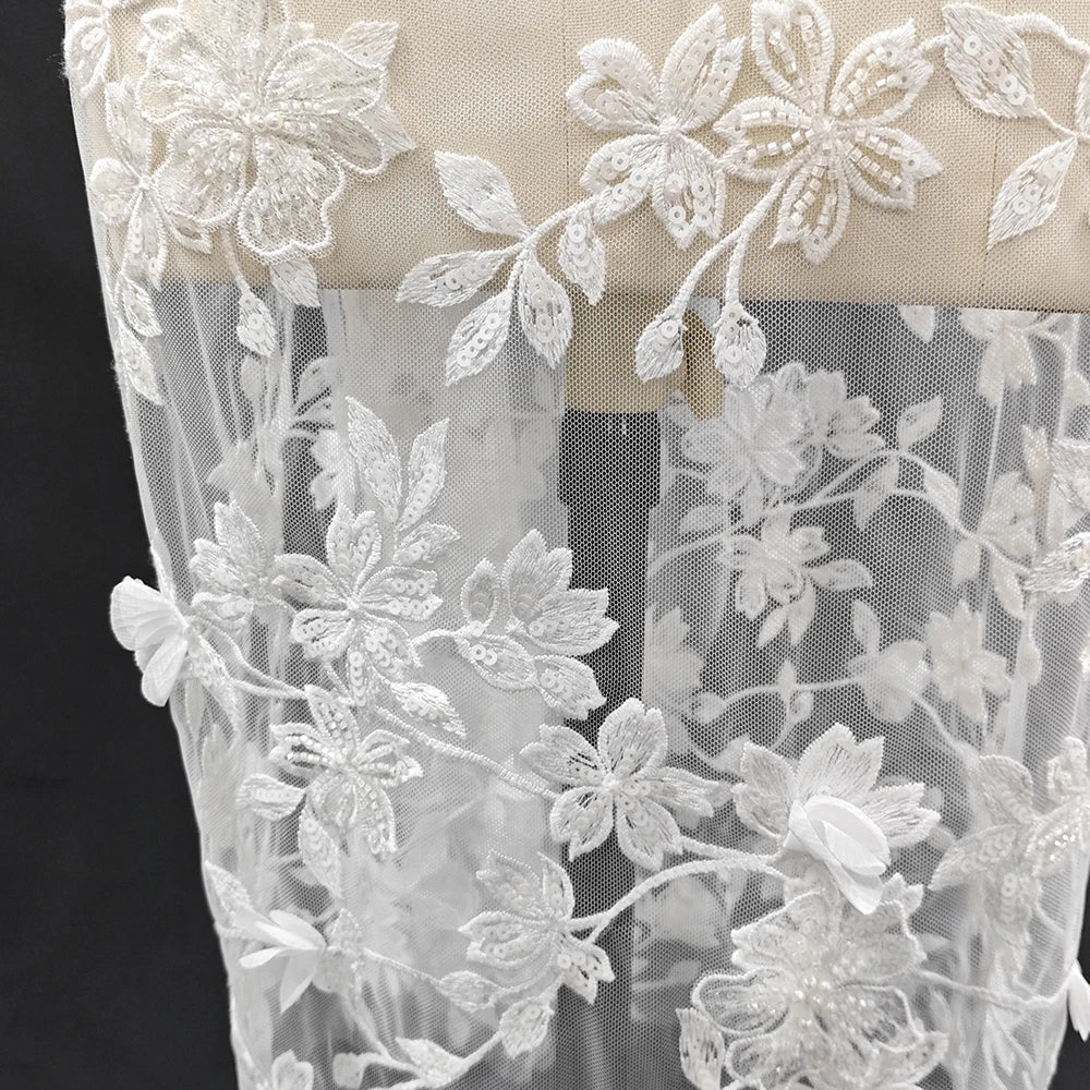 Nuevo vestido de novia de lujo con flores tridimensionales hecho a mano, tela de encaje DIY, vestido de noche, pañuelo para la cabeza, qipao blanco crudo