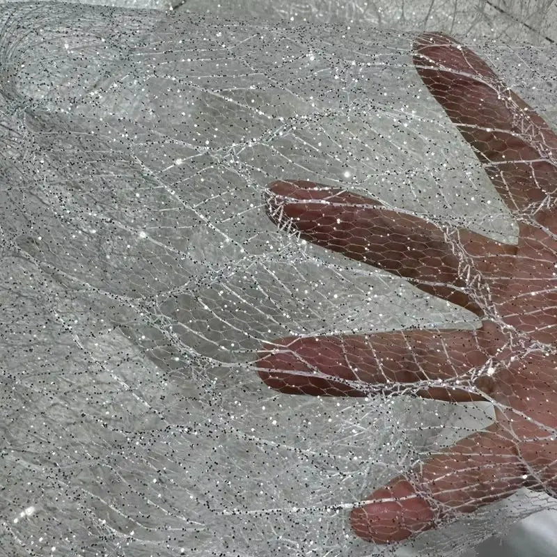 Gasa de malla rígida para modelado con purpurina plateada, polvo plateado irregular, dorado intenso, para vestido de novia, diseño de tela