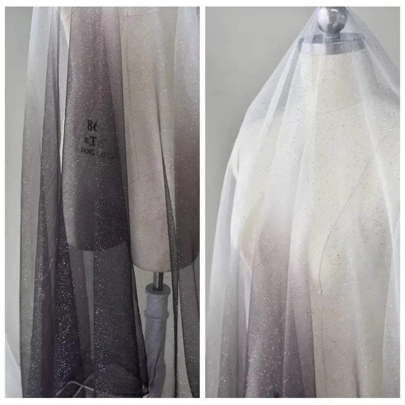 غزل سماء مرصعة بالنجوم متدرج الألوان، ختم ساخن، رش مسحوق، نسيج شبكي لامع ذهبي، غزل شفاف، قماش فستان، قماش