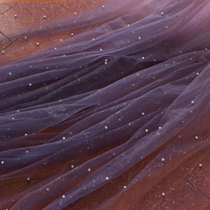 غزل سماء مرصعة بالنجوم متدرج الألوان، ختم ساخن، رش مسحوق، نسيج شبكي لامع ذهبي، غزل شفاف، قماش فستان، قماش