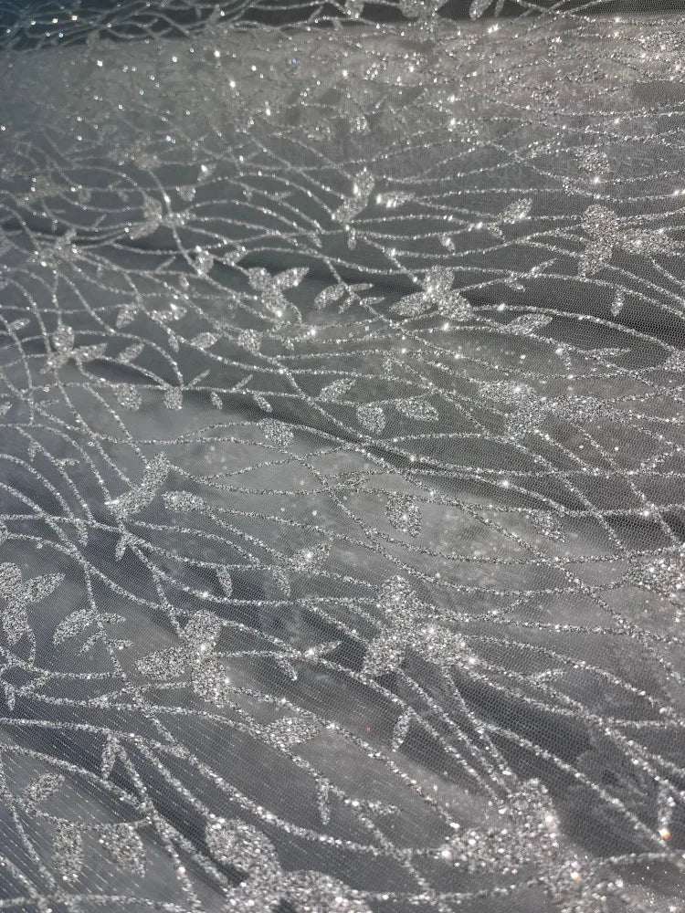 New Shiny Leaf Spray Silver Hot Stamping Transparent Mesh Wedding Dress Fabric Fabric Clothing Accessories