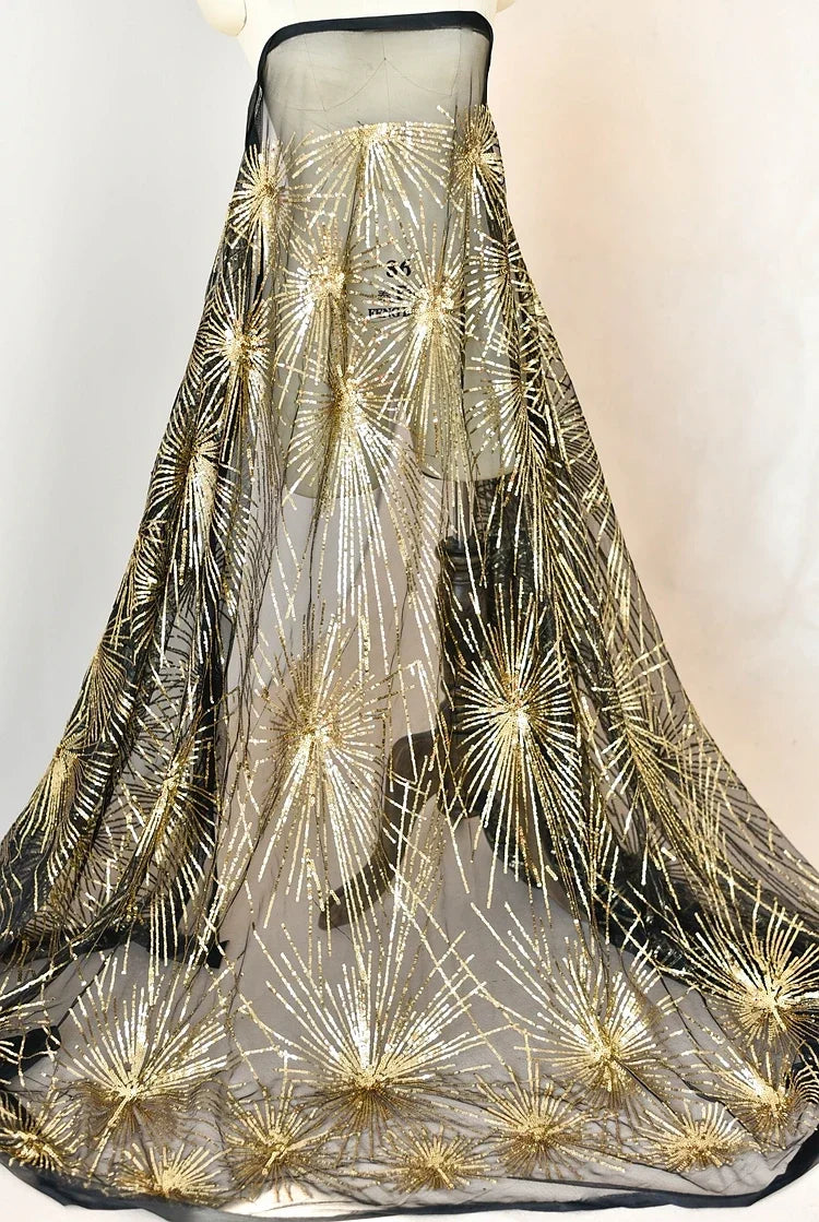 White Embroidered Gold Sequin Lace Fabric - Wedding Material 130cm