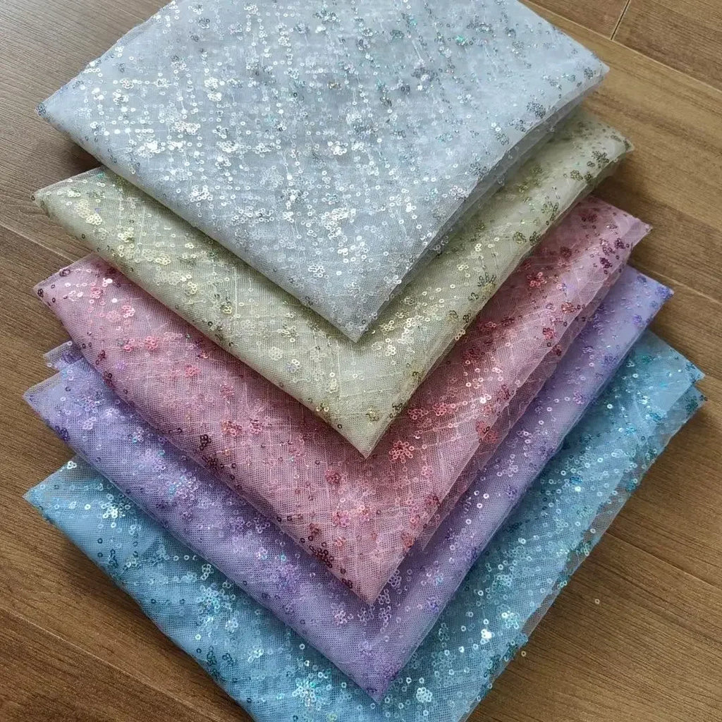 Crystal net lace iridescent silver glitter fabric for princess dress shiny embroidery bright silk mesh fabric for  costume DIY