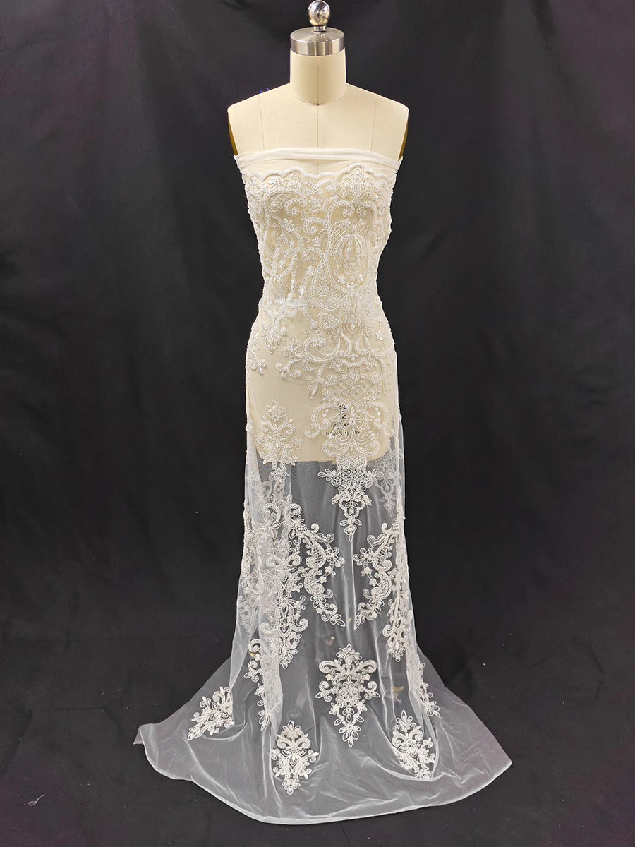 Nueva tela de encaje bordado con cuentas de alta gama, color blanco crudo, para coser vestidos de novia, vestidos de noche y accesorios decorativos DIY.