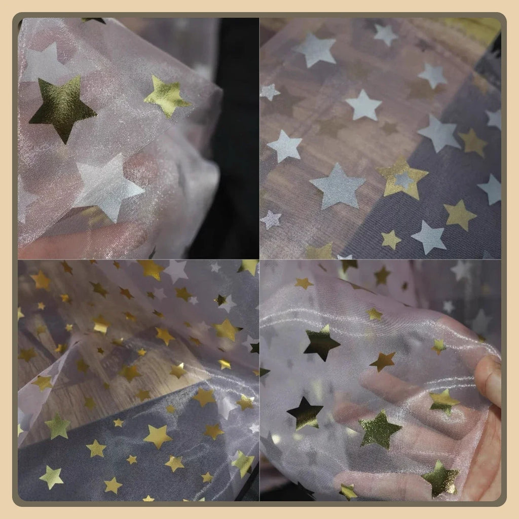 Tela de algodón con estampado de estrellas en relieve dorado y plateado para vestidos, desfiles de moda, faldas mullidas, disfraces, material de costura hecho a mano.