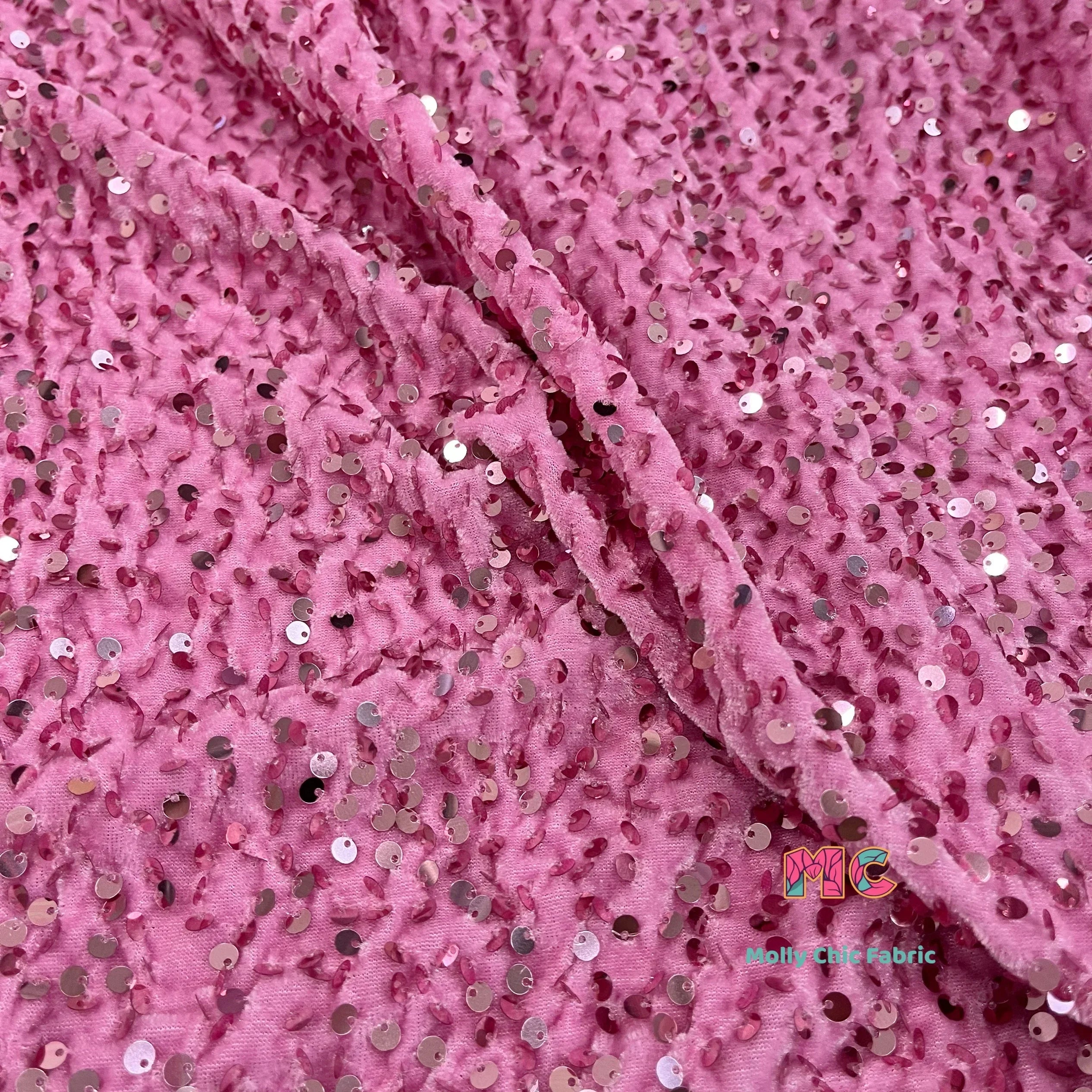 Tela elástica de terciopelo con lentejuelas y bordado tridimensional para costura de vestidos de noche y ropa.