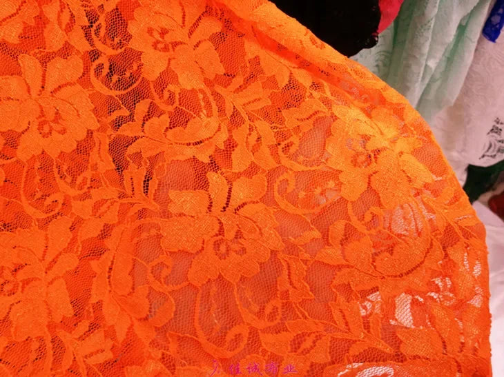 قماش دانتيل مطاطي برتقالي فلوري شفاف شبكي مع تطريز وردي للفساتين وملابس الأداء قماش شبكي شفاف زهري