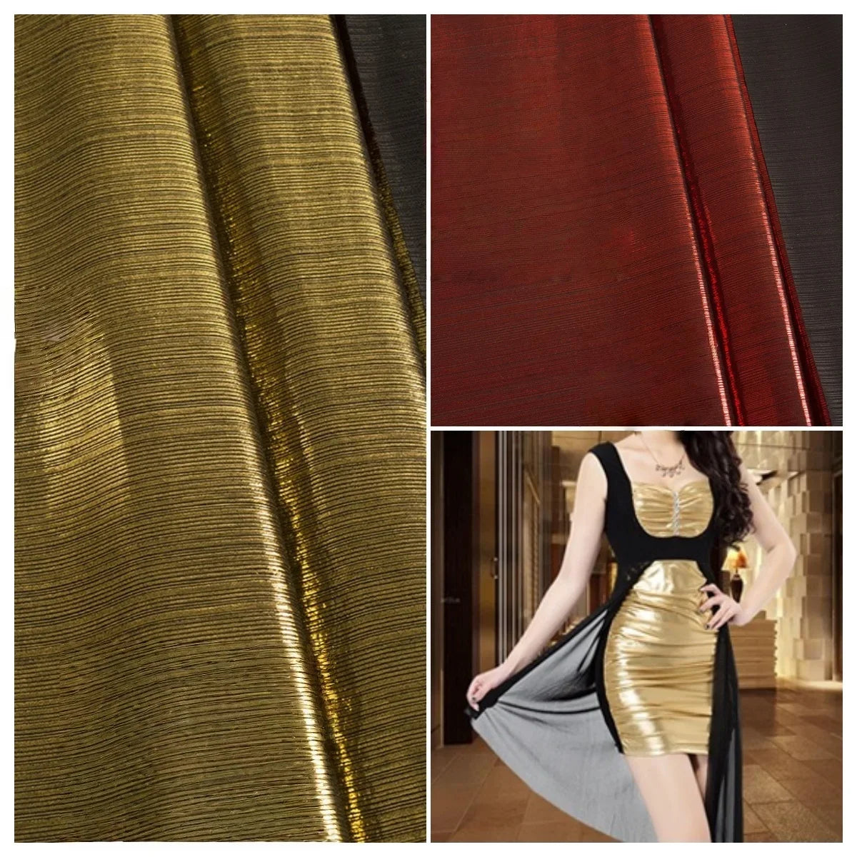 قماش مطاطي محبوك مجعد لامع بخطوط ذهبية وفضية لامعة مناسب لفستان زفاف ضيق وأزياء راقية