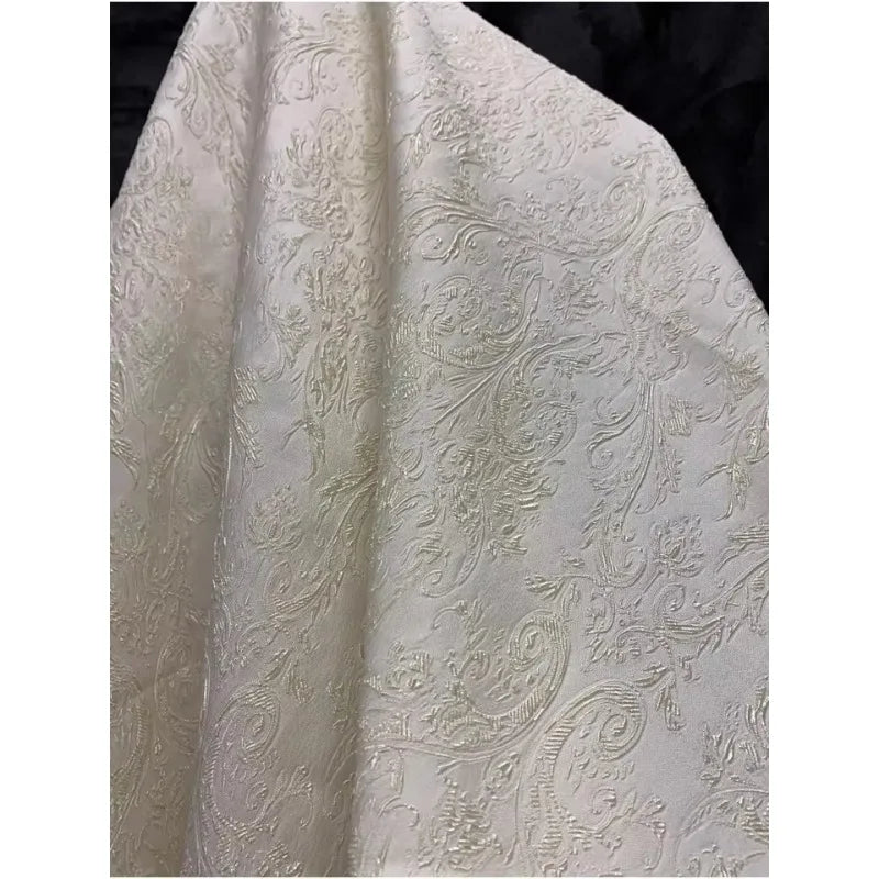 Off-White Jacquard Fabric With Vintage Floral Palace Pattern And Glitter Thread For Fashion Outerwear Coat And High-End Design