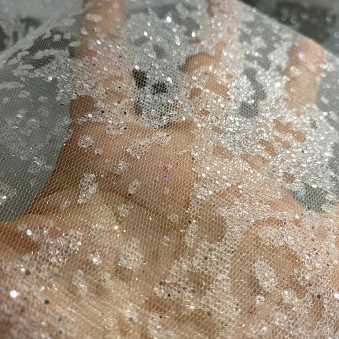 Hot Stamping, Silver Spraying, Shiny Powder, Transparent Mesh Map, Irregular Spot Pattern, Grid Wedding Dress Fabric