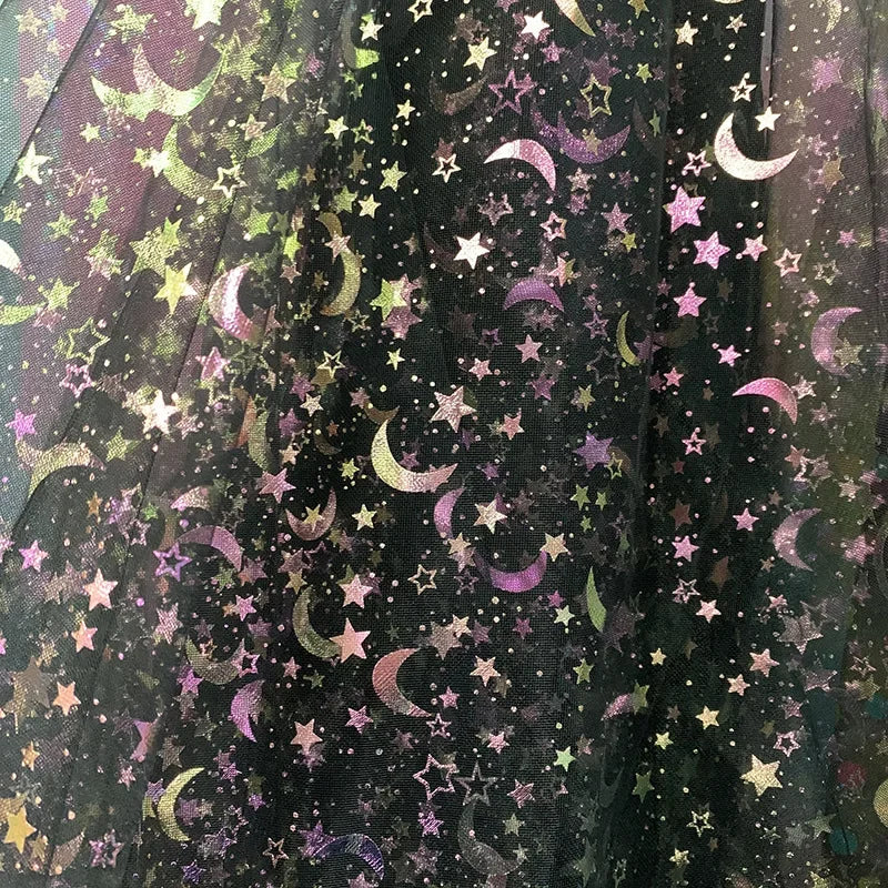 Dreamy Mesh Fabric For Children In Princess Style With Colored Star And Moon Printed Pattern Suitable For Wedding Dress Designer