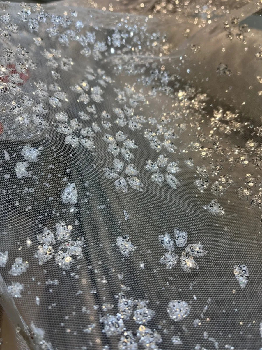 Lentejuelas de cristal de copo de nieve, malla fina transparente brillante, tela para vestidos de bricolaje, tela para vestidos de novia, tela